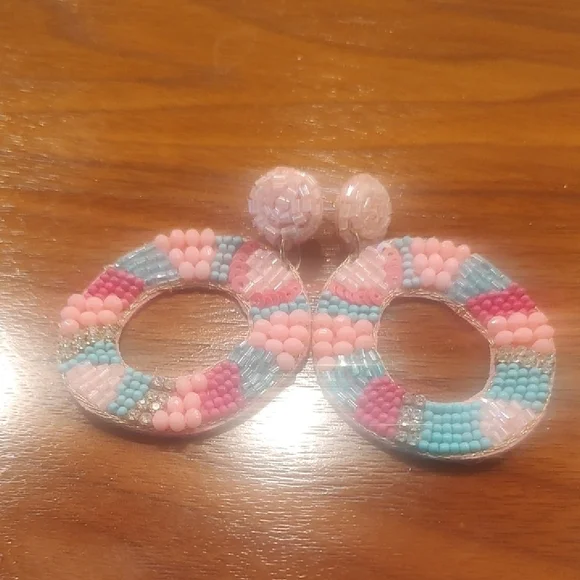 Pink and Blue Beaded Hoop Earrings - Picture 1 of 4